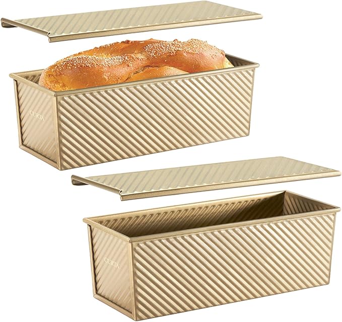 CURTA Commercial Pullman Loaf Pan with Lid 2.2 lb Dough Capacity Non-Stick Bakeware for Baking Bread Corrugated Bread Toast Box Mold extra large loaf pan Champagne Gold 2pcs