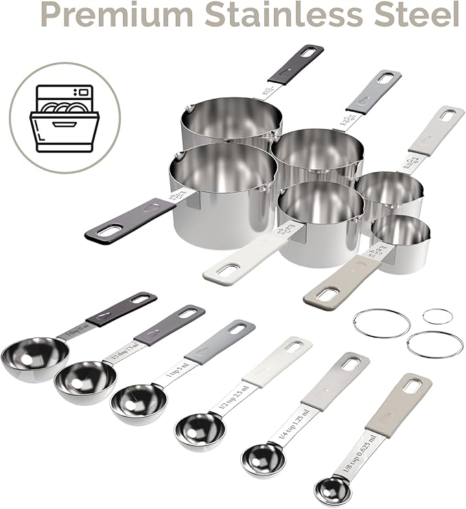22-Piece Stainless Steel Measuring Cups and Spoons Set, Tad Dash Pinch Smidgen Drop Mini Measuring Spoons, Measuring Stick Leveler, Measurement Conversion Chart Fridge Magnet, (Charcoal)