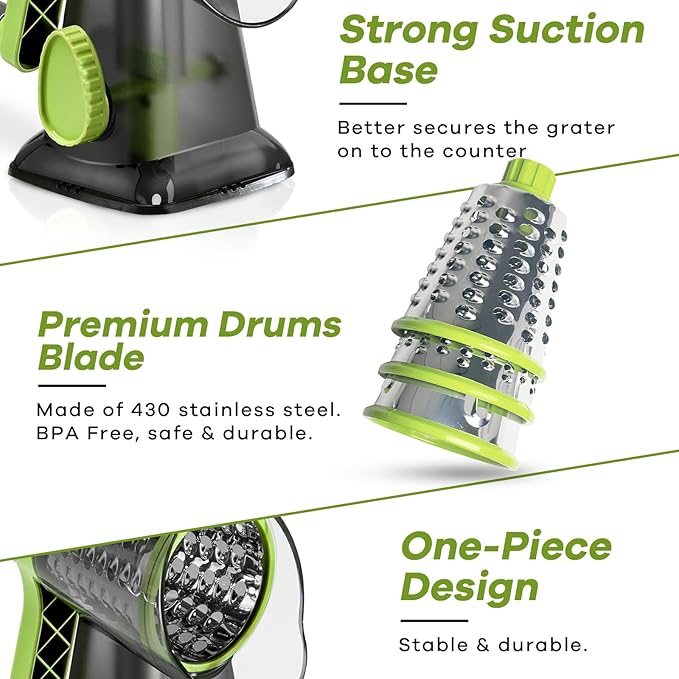 Rotary Cheese Grater with Handle, XinM Cheese Shredder Kitchen Mandoline Vegetable Slicer with 3 Interchangeable Blades, Easy to Clean Rotary Grater for Cheese Potato Nuts Chocolate (Green)