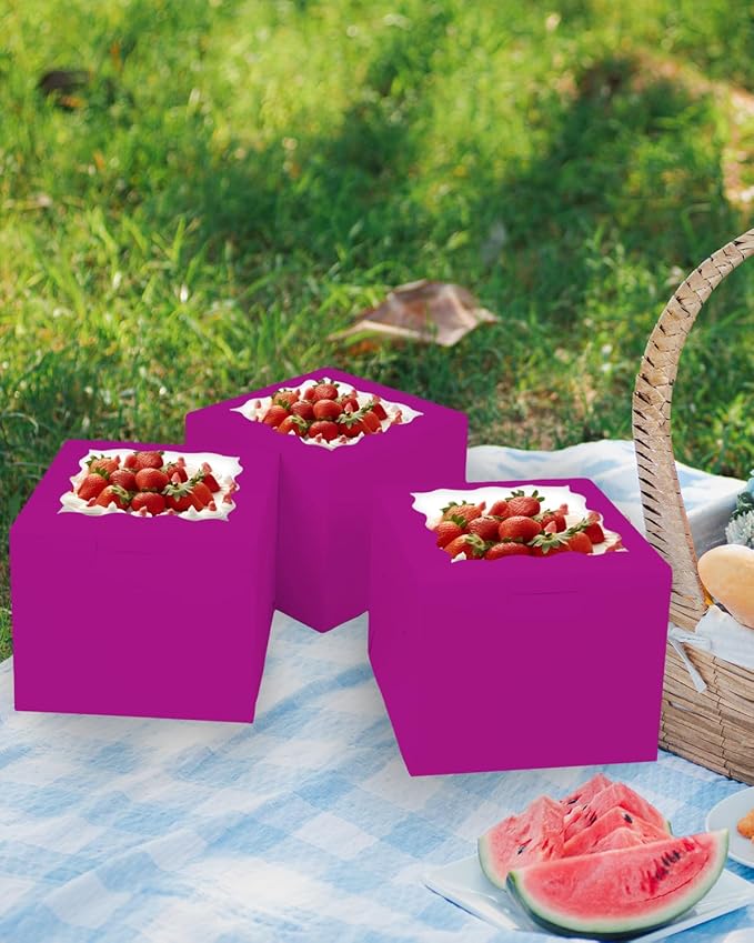 Bakepacker 36pcs 6x6x5 Inches Cake Boxes with Window 18-Packs Deep Purple Cake Boxes 6 Inch Bakery Boxes (18 Cake Boxes +18 Cake Boards Included)