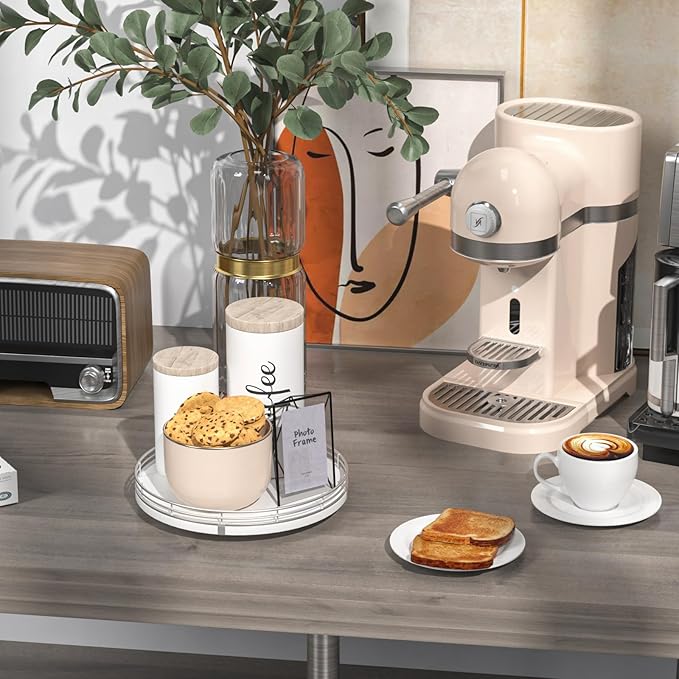 9" Oak Wood Lazy Susan Organizer, Lazy Susan for Cabinet Dining Table Pantry Wood Turntable Organizer Tray for Coffee Table Kitchen Countertop Salt Pepper Spice Organization and Storage Round Silver