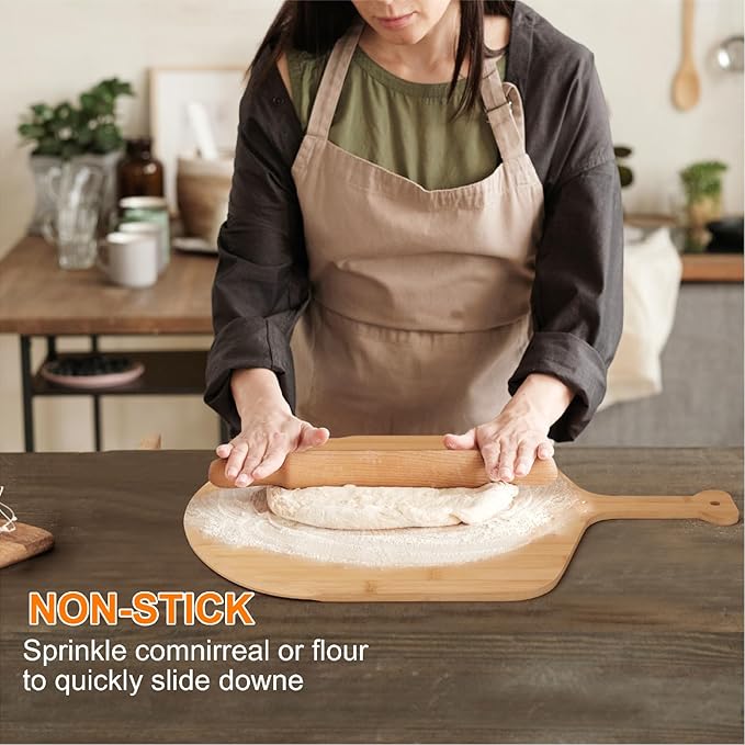 14 inch Natural Bamboo Pizza Peel Set of 2, Double-Sided Use Pizza Cutting Board with 8 Slice Grooves for Pizza, Bread, Cheese, Vegetable, Fruits