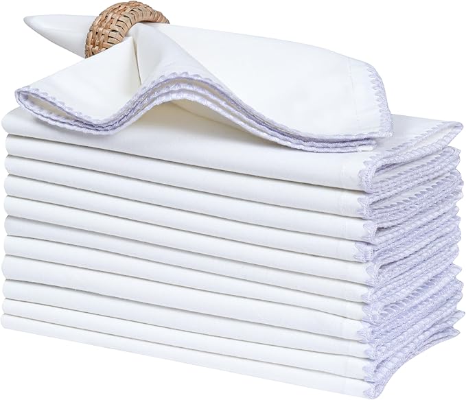 Bedding Craft Cotton Cloth Dinner Napkins Set of 12 – 18x18 Lavender Blue Napkins with Colored Edge Embroidery – Washable Fabric Napkins for Wedding Table Décor, Restaurants, Events & Everyday Dining