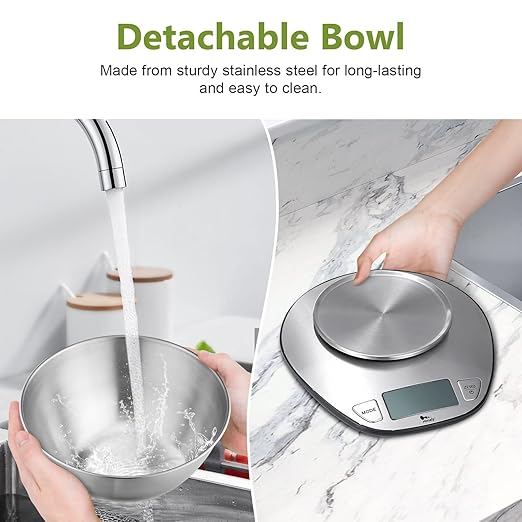himaly Food Scale - Digital Kitchen Scale with Bowl & LCD Dipslay Scale Weight Grams and Oz for Cooking, Baking, and Meal Prep, Stainless Steel Silver