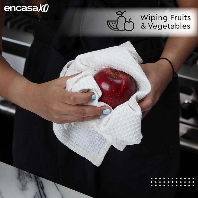 Encasa XO Kitchen Dish Towels Set | White | Waffle Weave and Flat Hand Tea Towel | 28"x18" | Quick Drying Reusable Cotton Washcloths | Multipurpose Lightweight Dishcloths Set of 4