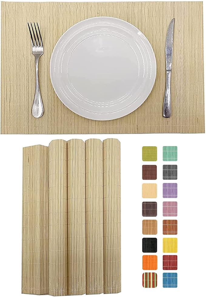 ANDSTAR Set of 4 Pcs Bamboo Placemats Sushi Rolling Mat Japanese Style Natural Anti-Slip Bamboo Placemats Washable Heat-Resistant Table Mats for Dining Room and Kitchen（Natural Color）
