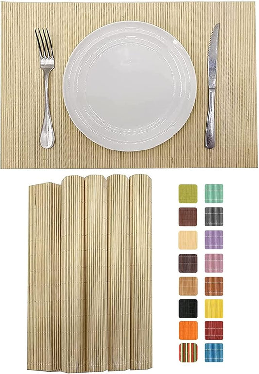 ANDSTAR Set of 4 Pcs Bamboo Placemats Sushi Rolling Mat Japanese Style Natural Anti-Slip Bamboo Placemats Washable Heat-Resistant Table Mats for Dining Room and Kitchen（Natural Color）