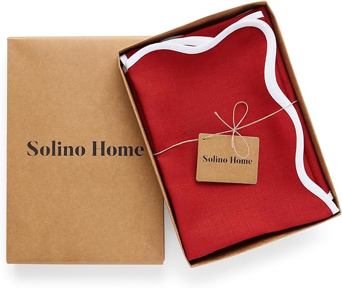 Solino Home Scallop Linen Napkins Set of 4-100% Pure Linen Christmas Red Dinner Napkins Cloth 20 x 20 Inch - Giselle Scallop Edge, Handcrafted and Machine Washable