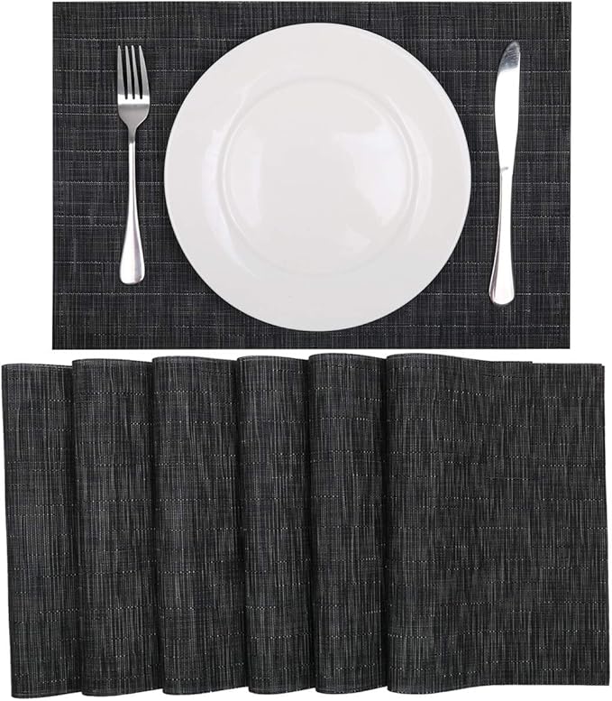 SHACOS Placemats Set of 8 Woven Vinyl Place Mats for Dining Table Wipe Clean Heat Resistant Washable Kitchen Table Mats (8, Black)