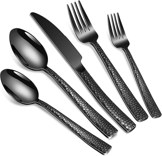 40-Piece Silverware Set, Black Hammered Stainless Steel Flatware Sets for 8, Food-Grade Tableware Set, Including Fork Knife Spoon Set, Durable Home Kitchen Cutlery Sets, Dishwasher Safe