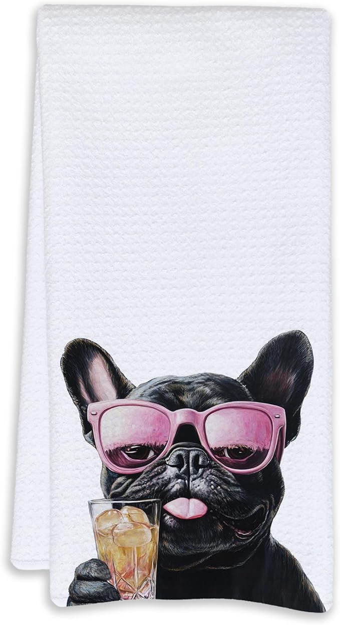 Cabana Bro Funny Cocktail Black French Bulldog Kitchen Towels, Gifts for French Bulldog Lovers, Frenchie Gifts Dish Tea Hand Towels for Kitchen Bar Cart Decor, Bar Towel for Bartender, 16x24 Inches