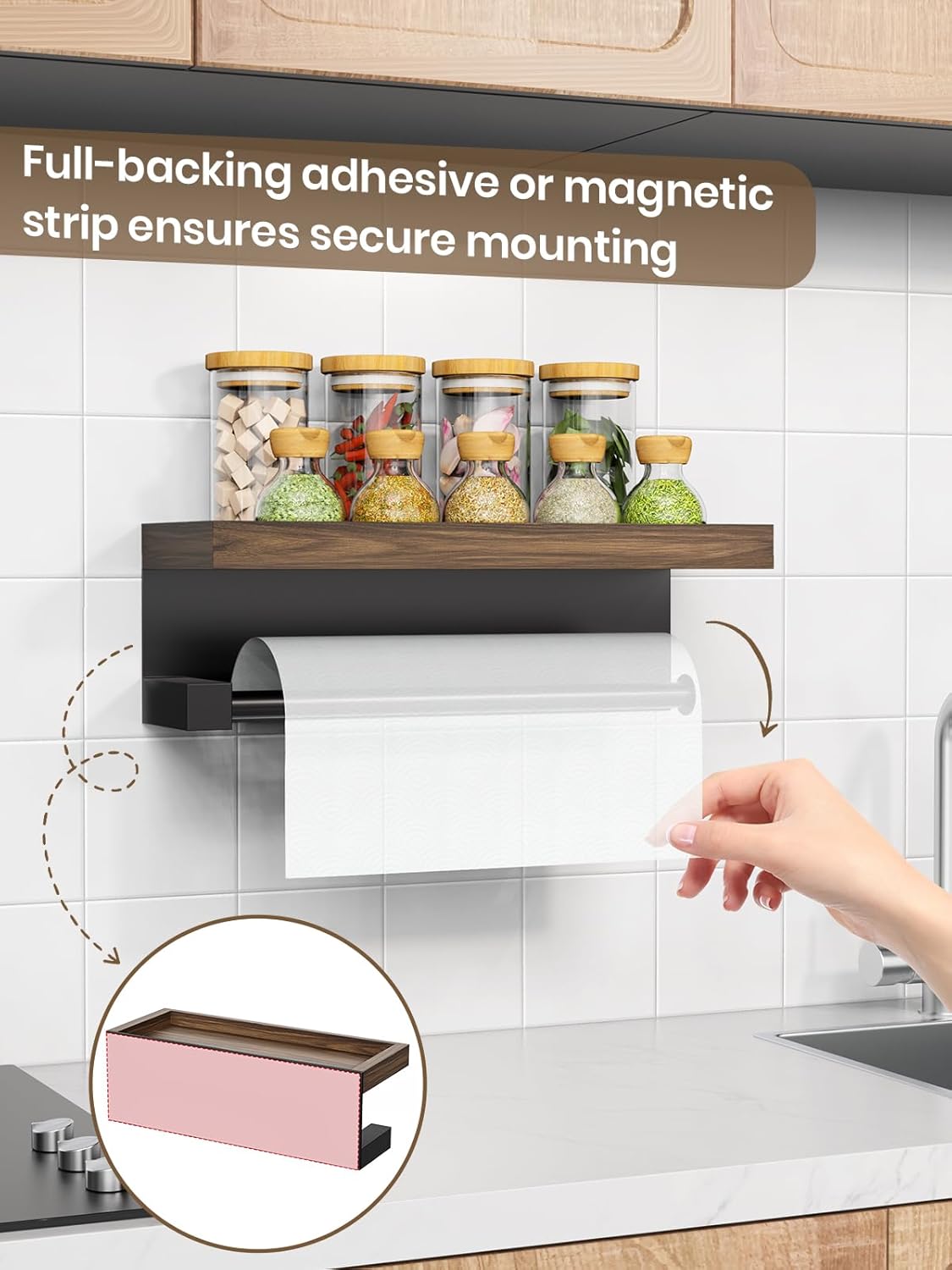 3-in-1 Paper Towel Holder Magnetic Adhesive Wall Mount - Paper Roll Holder with Shelf Under Cabinet, Kitchen Essentials for New Home Apartment Decor, RV Camper Organization Must Haves, Rustic