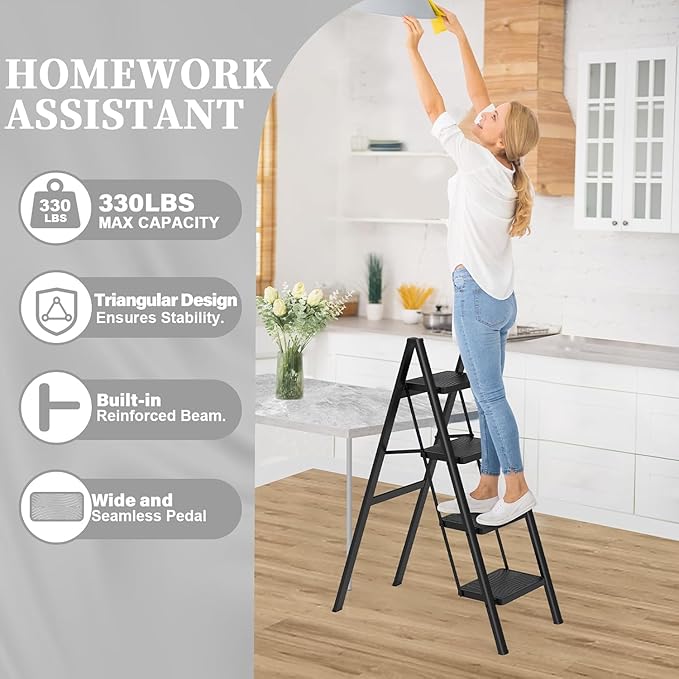 HBTower Step Ladder, 4 Step Ladder Folding Step Stool, Portable Sturdy Steel Ladder for Adults Home Outdoor Kitchen Garage,Black