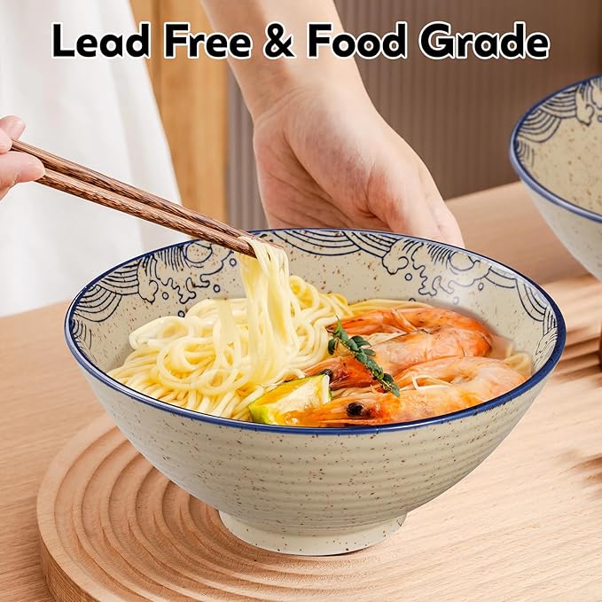 40 OZ ceramic ramen bowls, 8 IN large Japanese noodle soup bowl, match chopsticks and spoons, suitable for Pho, Udon Asian noodles (Japanese fish)