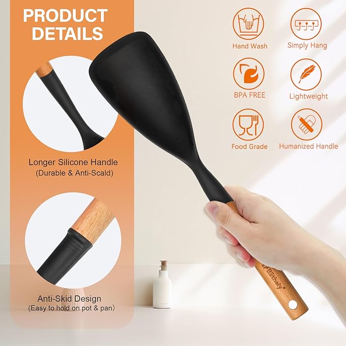 Silicone Cooking Spoon and Pasta Fork Set, 2 Pack Large Spatula Spoons Set with Wooden Handle, Nonstick Multifunction Spoon for Cooking, Serving, Mixing and Spaghetti (Black)