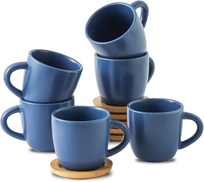 Hasense Porcelain Cappuccino Cups and Saucers Set of 6-6 Ounce Demitasse Espresso Mugs with Handle Perfect for Latte, Cafe Mocha, Double Shot and Tea, Blue