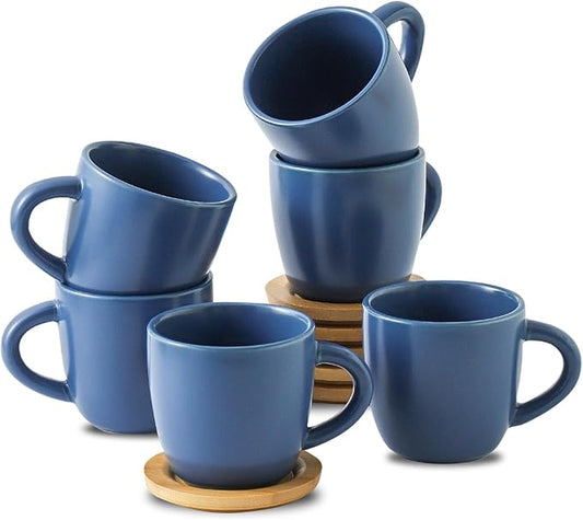 Hasense Porcelain Cappuccino Cups and Saucers Set of 6-6 Ounce Demitasse Espresso Mugs with Handle Perfect for Latte, Cafe Mocha, Double Shot and Tea, Blue
