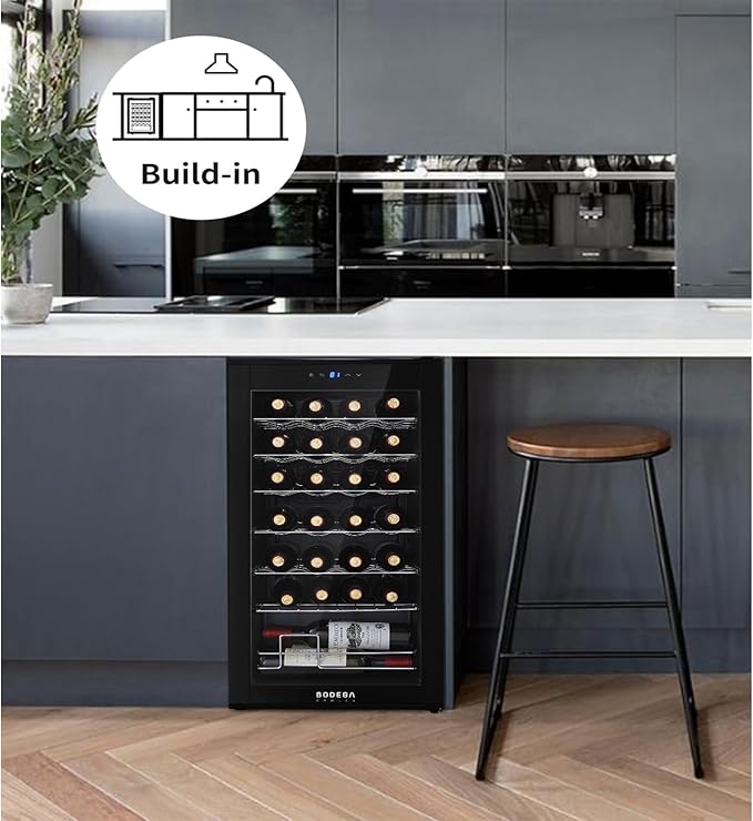 BODEGACOOLER 28 Bottle Compressor Wine Cooler for Home and Kitchen, Freestanding Mini Fridge with Digital Touchscreen, LED Display,Split Storage for Red & White Wines,Matte Black Refrigerator Home Bar