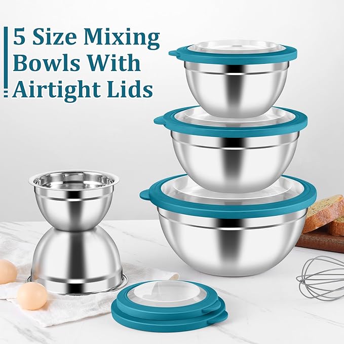 P&P CHEF Mixing Bowls with Visible Airtight Lids Set of 5, 10-Piece Stainless Steel Mixing Nesting Bowl, Metal Bowl with Lid for Kitchen Prepping & Storing, Size 4.6, 3, 1.5, 1, 0.7 QT, Blue