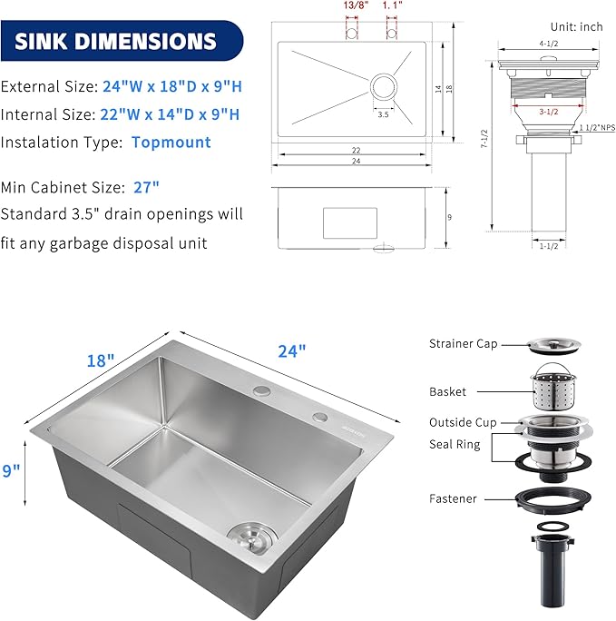 Kitchen Sink 24x18 Topmount Single Bowl Drop-in Sinks 304 Stainless Steel Handmade Home Bar Outdoor RV Sinks Brushed