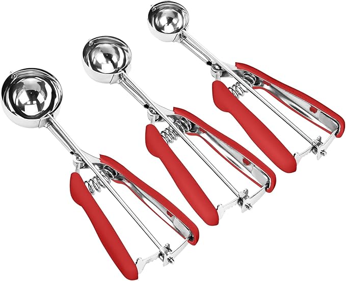 Cookie Scoop Set, 3Pcs Ice Cream Scoop, Cookie Scoops for Baking Set of 3, 18/8 Stainless Steel Cookie Scooper for Baking, Ice Cream Scooper with Trigger Release, Red Soft Grip Cookie Dough Scoop