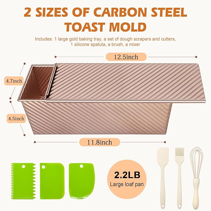 2.2lb Pullman Loaf Pan with Lid, Nonstick Carbon Steel Square Bread Pan for Baking Shokupan, Sandwich, Pain de Mie & Sourdough – Includes 6 Bonus Tools