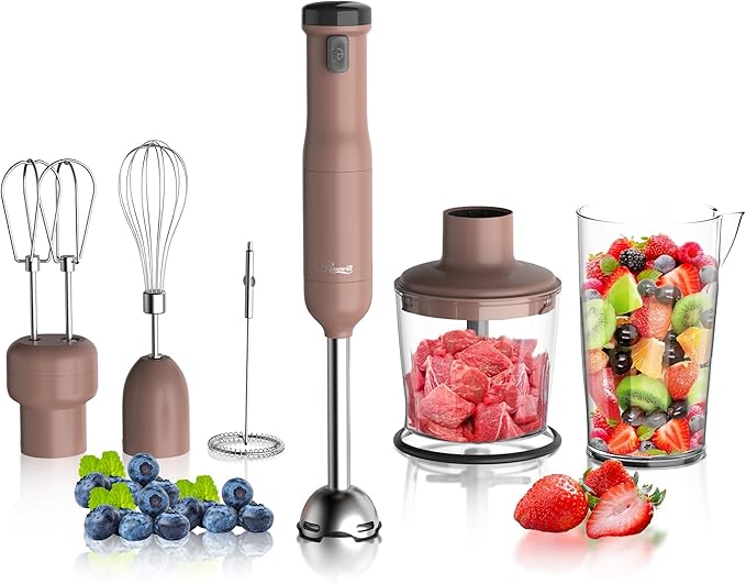 Rosewill 6-in-1 Multi-Speed Cordless Rechargeable Immersion Hand Blender, Heavy Duty Motor - Stick Blender, Beaker, Whisk, Chopper, Dual Beater, Milk Frother - For Smoothies, Baby Food, Soup (Mocha)