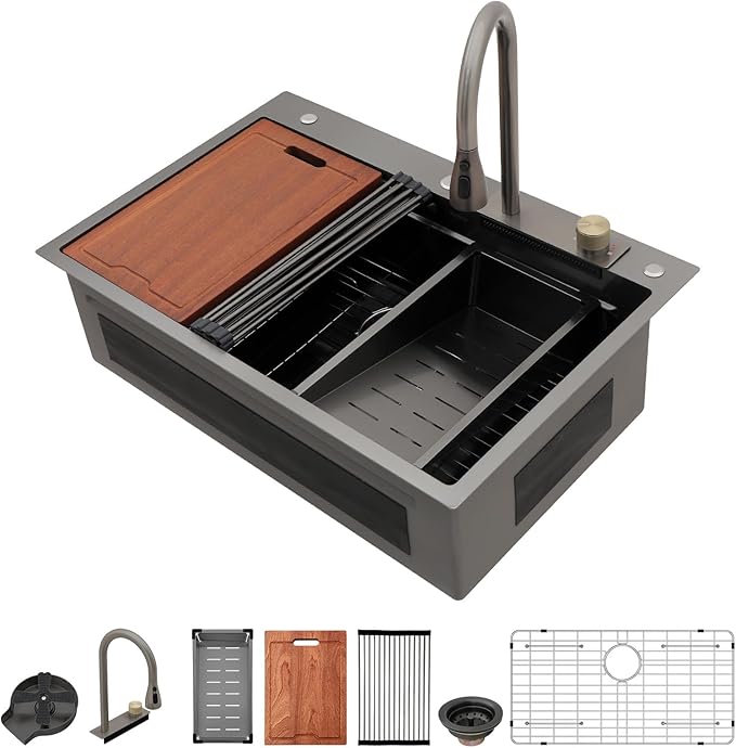 Lordear Black Waterfall Kitchen Sink Drop In 33x22 Smart Workstation Gunmetal Black 16 Gauge Single Bowl Topmount Handmade Sinks with Pull Out Faucet Glass Rinser