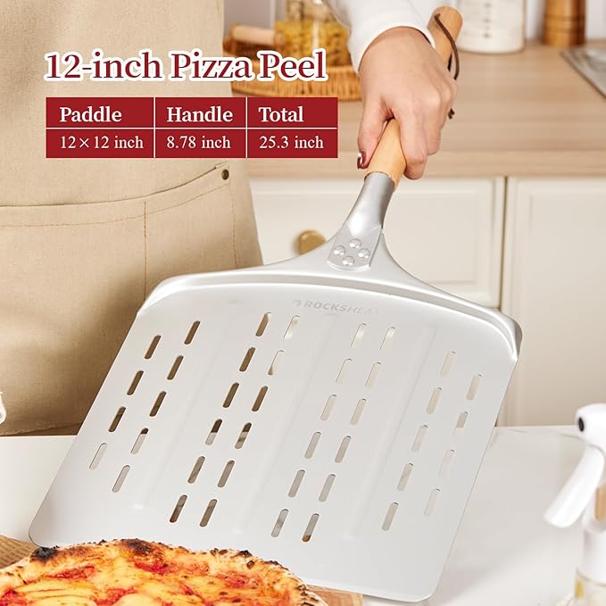 Pizza Peel 12 Inch - Anodized Aluminum Pizza Spatula with Wooden Handle - Ideal for Pizza Oven & Baking, Lightweight Pizza Turning Peel for Baking pizza Bread Pizza Oven Accessories Tools