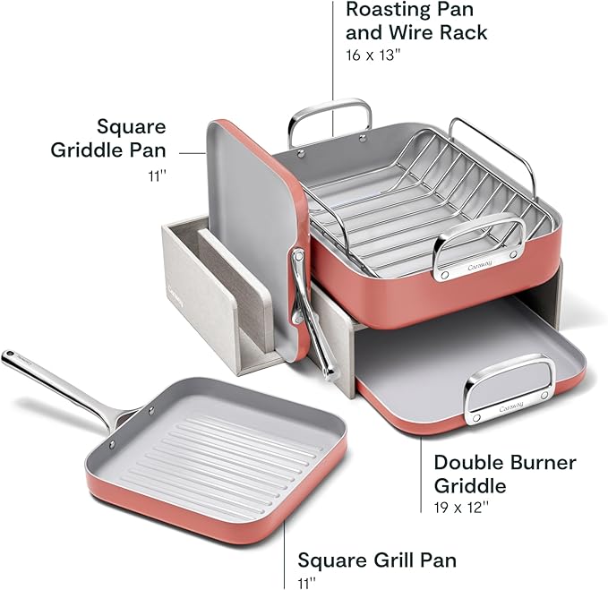 Caraway Square Cookware Set - Square Pans Set - Perfect for Griddling, Toasting, Searing, Roasting, and More - Non-Stick Ceramic Coated Pans - Non Toxic, PTFE & PFOA Free - Perracotta