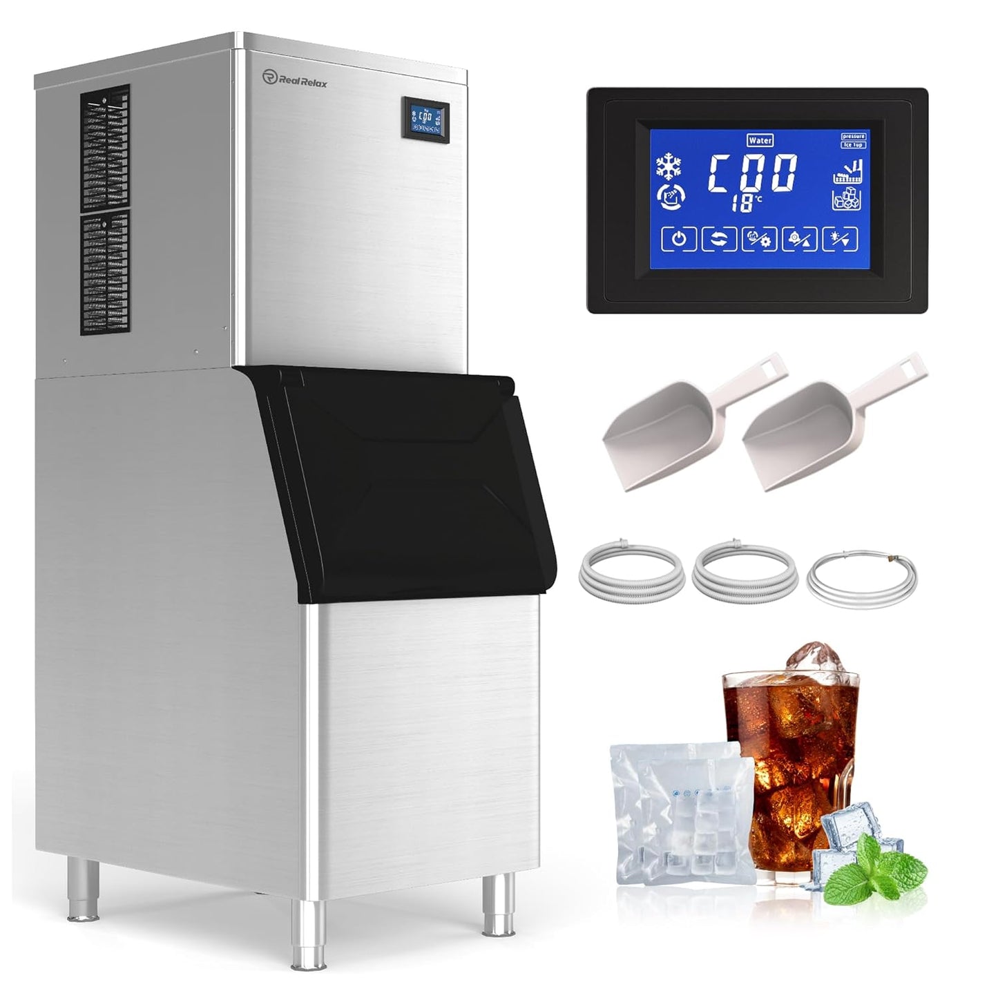 Real Relax Commercial Ice Maker Machine, 400LBS/24H ETL Approval Ice Machine, 330 lbs Ice Storage Capacity, Auto Self-Cleaning, LCD Display, with Ice Scoop for Bar Cafe Restaurant Business