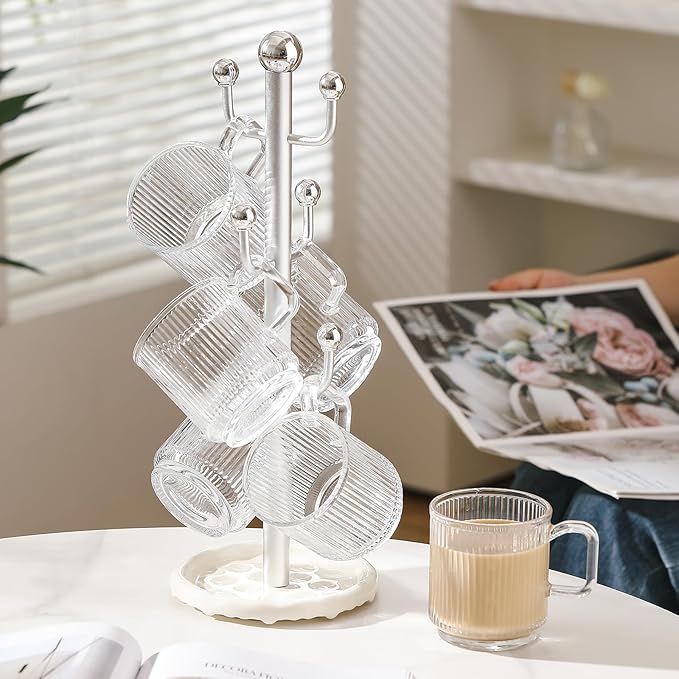 6 High-End Glass Coffee Mugs with Handles and Cup Holders, 12 Ounce Classic Vertical Striped Glass Mugs for Hot and Cold Drinks, American Style, Latte, Cappuccino