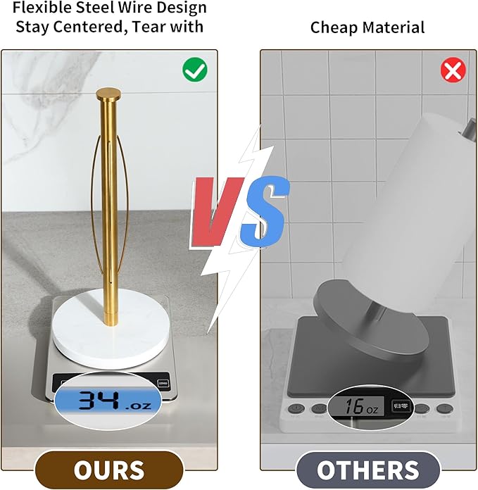 YIGII Marble Base Gold Paper Towel Holder Countertop - Standing Paper Towel Roll Holder with Weighted Base, Papertowel Holder for Kitchen, White Marble & Golde Rod