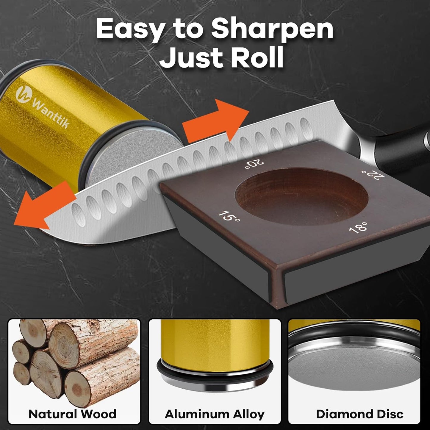 Rolling Knife Sharpener Kit, Upgraded Roller Knife Sharpener with Leather Strop for Kitchen Knives, 4-Disc Rolling Stone Sharpener with 15&18&20&22 Degree Sharpening, Gold