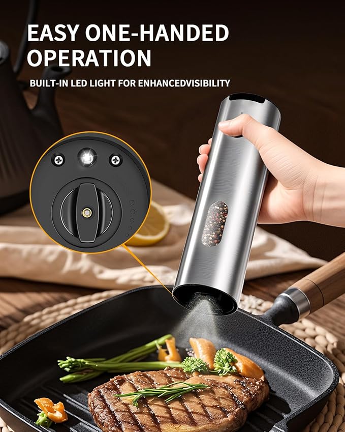 CIRCLE JOY Electric Salt and Pepper Grinder Set, Stainless Steel Rechargeable Pepper Mill Set with Charging Base, 110ML Top-Fill, Adjustable Coarseness, LED Light, One-Hand Operation, Gift Idea