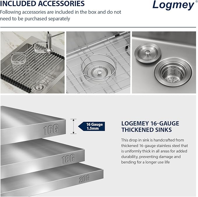 Logmey 32 Inch Drop In Double Bowl Sink - 32x18 Inches Handmade Stainless Steel Doble Sink 16 Gauge 50/50 Double Bowl Kitchen Sink 32x18x9 Inches Topmount Sinks