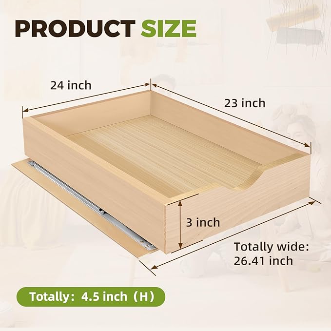 Pull Out Drawers for Cabinet Wood 24" W x 23" D x 4.5" H Slide Out Organizer and Storage Kitchen Cabinet Drawers Slide Out Shelves Pull Out Shelves in Kitchen Pantry Bathroom with Soft Close