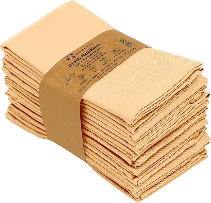 Ruvanti Cloth Napkins Set of 12, 18x18 Inches Napkins Cloth Washable, Soft, Durable, Absorbent, Cotton Blend. Table Dinner Napkins Cloth for Hotel, Lunch, Restaurant, Wedding, Parties - Yellow Gold
