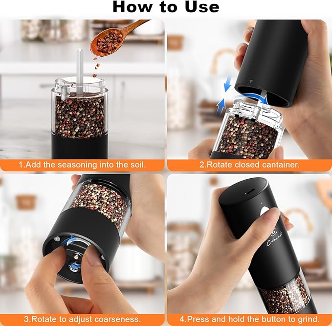 Electric Pepper or Salt Grinder, COKUNST USB Rechargeable Automatic Pepper Grinder with Visual Silo & LED Light, Black Pepper Grinder Mill Refillable Washable, One Hand Operated, Fits in Home Kitchen