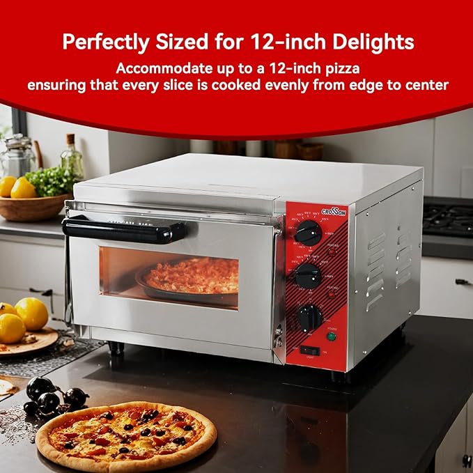 CROSSON Electric 12” Pizza Oven Countertop with Pizza Stone, 30-minute Timer and interior light,Indoor Stainless Steel Pizza Maker for Home Use,120V/1600W