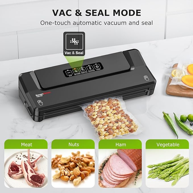 [Updated 2025] Bonsenkitchen Vacuum Sealer Machine + 5 Vacuum Bags, Fast-Compact/Multi-Functional Food Vacuum Sealer with External Vacuum System, Black
