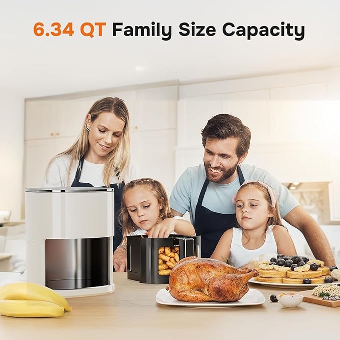 Simple Deluxe 12-in-1 Air Fryer 6.34 Qt, Digital Preset Airfryer with Visible Window, Nonstick and Dishwasher-Safe Basket, Air Fry, Roast, Bake, Dehydrate, Fries, 1700W, Beige