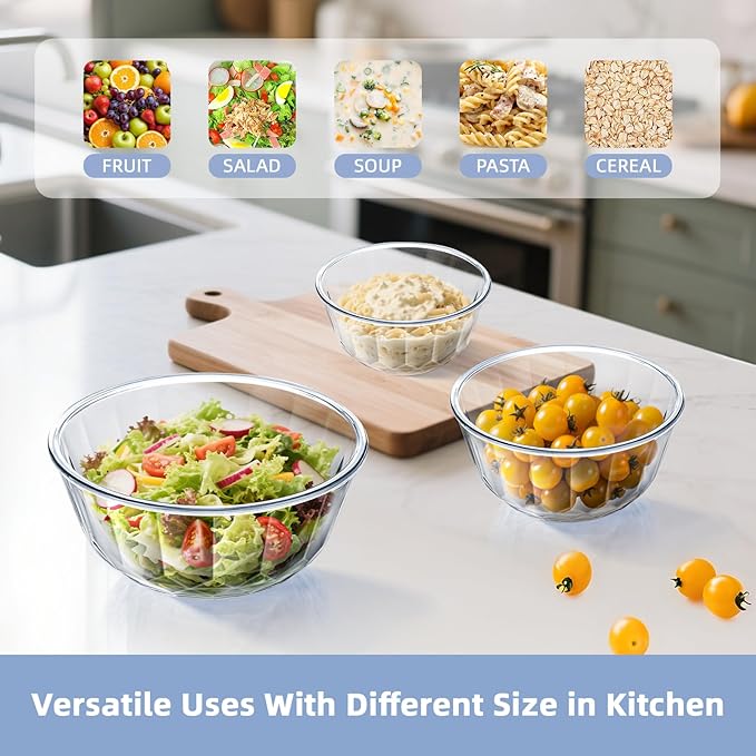 WhiteRhino Glass Mixing Bowls with Lids Set of 5（4.70QT,2.85QT, 1.69QT,1.11QT,0.85QT,Glass Bowls with Lids,Large Salad Bowls Space-Saving Nesting for Cooking,Baking,Prepping,Dishwasher Safe