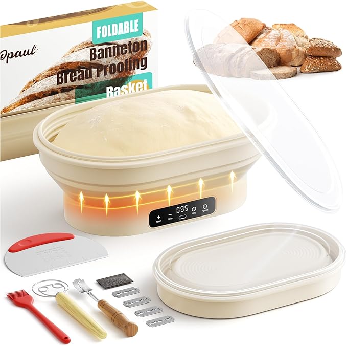 Heating Banneton Bread Proofing Basket, Foldable Sourdough Bread Baking Supplies, Silicone Sourdough Starter Kit, 11" 2L Oval Banneton Basket, Baking Gifts for Women & Baker (1 Pack)
