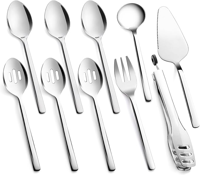 KINGSTONE Large Hostess Serving Utensils Set, Heavy Duty 18/10 Stainless Steel - 10 inch Serving Spoons, Slotted Spoons, Forks, Tongs, Cake Pie Server for Buffet, Wedding, Party