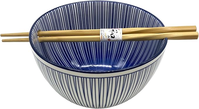 Urban Tokyo Porcelain Japanese Motif Design Ramen Udon Noodle Rice Bowl With Chopsticks 20 fl oz 6 inch Diameter Bowl Sets Color Box Packaging (Tokusa Lines)