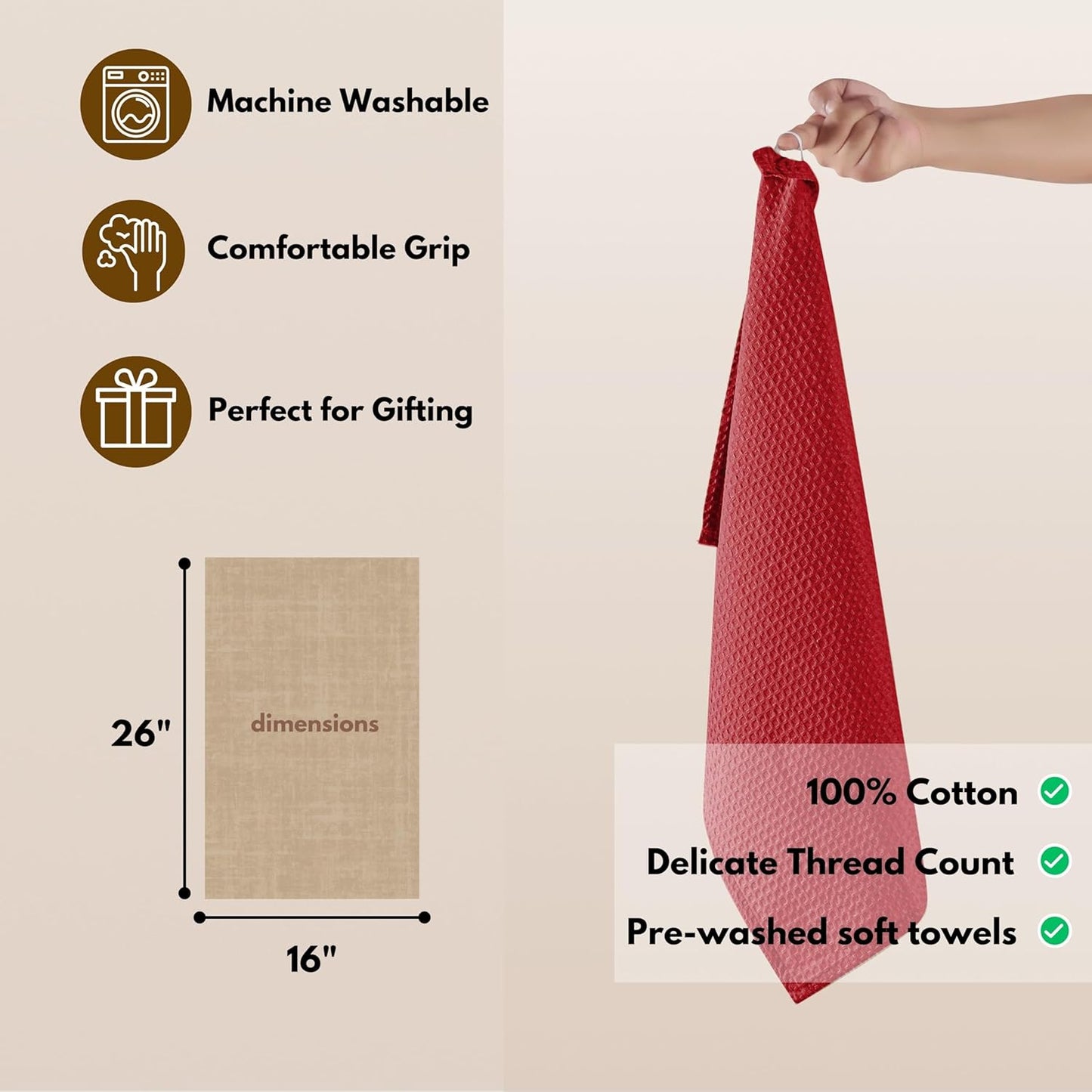 Native Fab Waffle 12 Pack 100% Cotton Easter Kitchen Dish Towels 16x26 Absorbent Durable Washable, Tea Towels, Dish Cloths, Bar Towels, Cleaning Towels, Kitchen Towels with Hanging Loop, Red