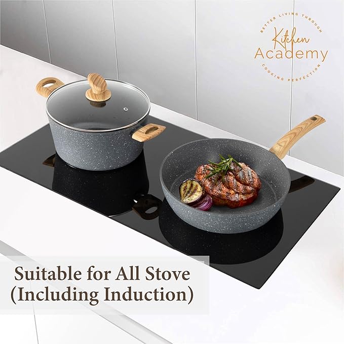 Kitchen Academy Induction Cookware Sets - 12 Piece Gray Cooking Pan Set, Granite Nonstick Pots and Pans Set