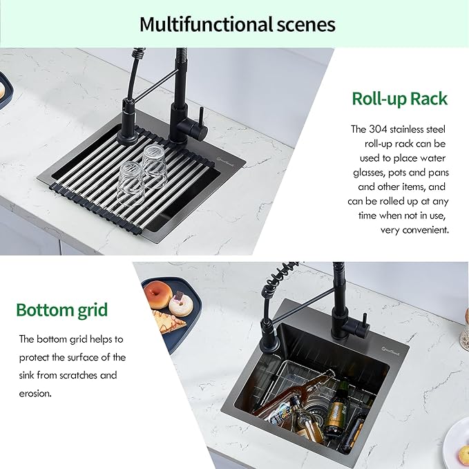 Drop In Kitchen Sink, 15 x 15 Inch Single Bowl Topmount Bar Prep Sink 16 Gauge T-304 Stainless Steel Gunmetal Black Kitchen Sinks