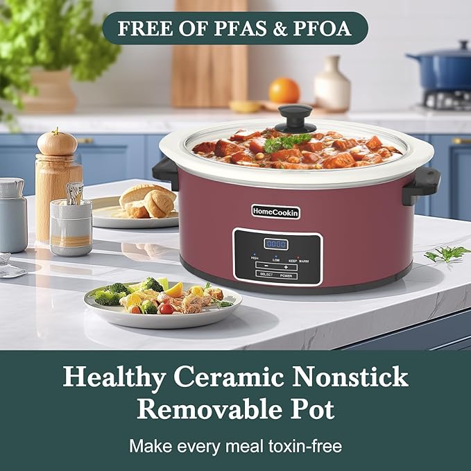 HOMECOOKIN 6-Quart Programmable Slow Cooker with Timer - Small Kitchen Appliance for Family Dinners - Serves 6+ People - Heat Settings: Keep Warm(Red Shell + White Ceramic Liner)